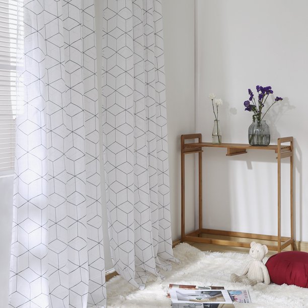 Cortina Deconovo blanca transparente con diseño de rombos negros y diamantes, aspecto lino, para puerta corrediza de vidrio, 132 cm de ancho x 243 cm de largo, 1 panel