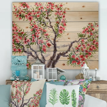 Designart 'The Blossoming Tree With Red Flowers I' Traditional Print on Natural Pine Wood