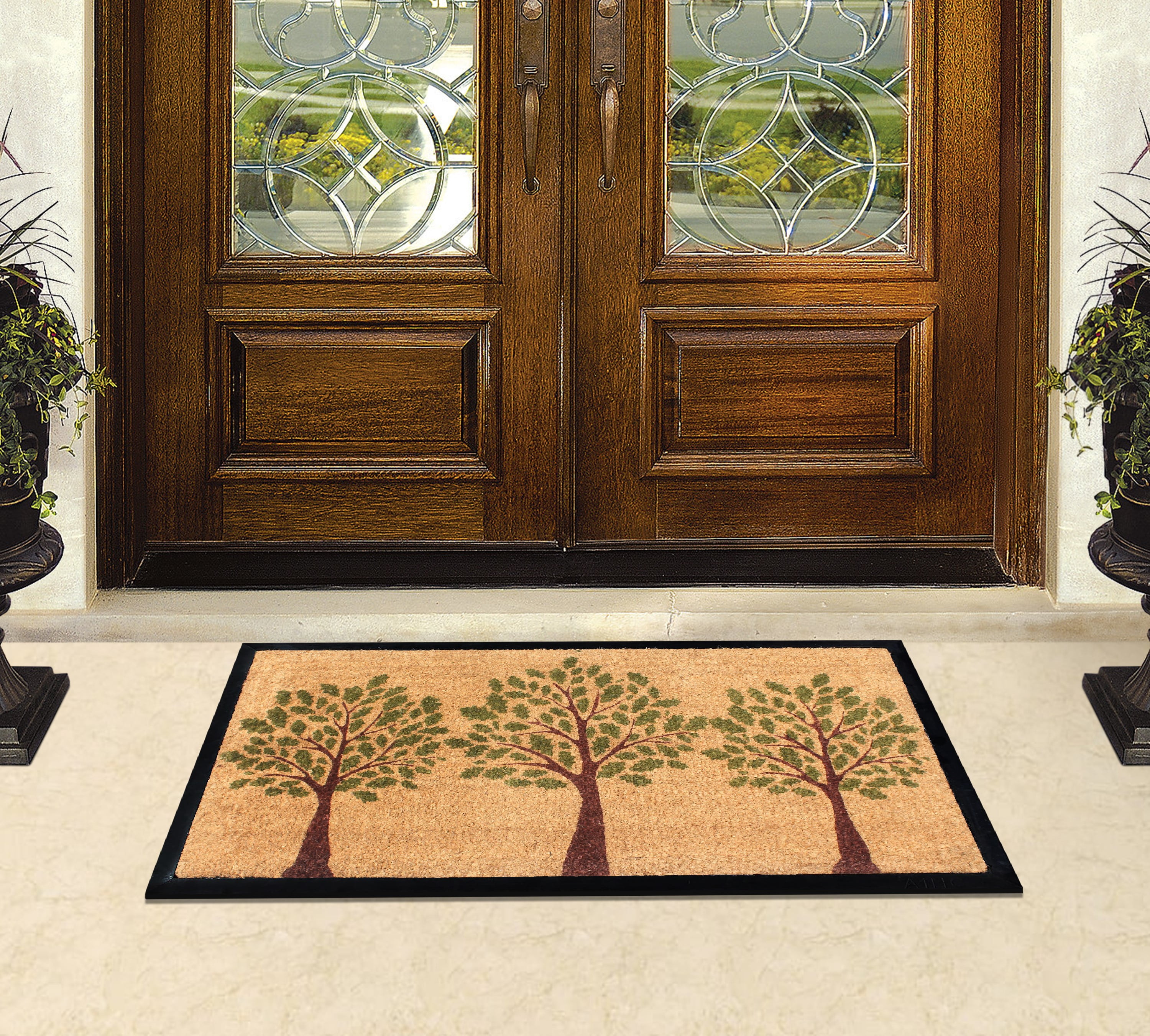 A1HC 24"x48" Green Three Tree Coir & Rubber Doormat, Durable Non-Slip Thin Large Welcome Mat for Front Door & High Traffic Areas