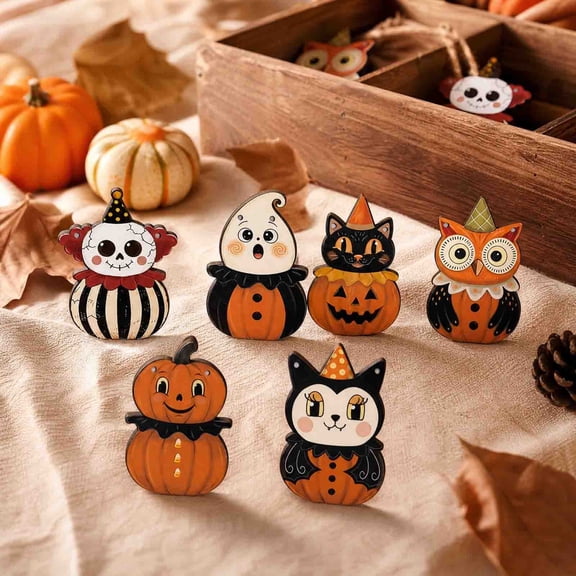 Tepsmf Halloween Wooden Ornament Set 12 Pcs Vintage Hanging Cutouts with 6.6FT Rope for Garland Tree Decor
