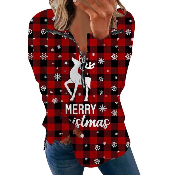 Sudadera sin capucha Gibobby con media cremallera y Estampado navideño para mujer Vino XL
