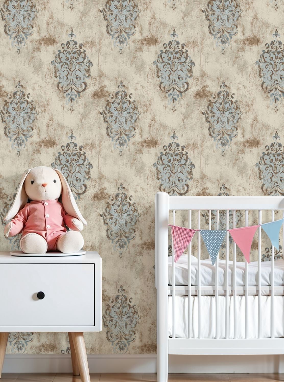 Boho Peel and Stick Wallpaper Vintage Blue Brown Damask Floral Distressed Contact Paper 23.6in x 9.8ft Wallpaper Removable Self Adhesive Wall Paper for Bedroom