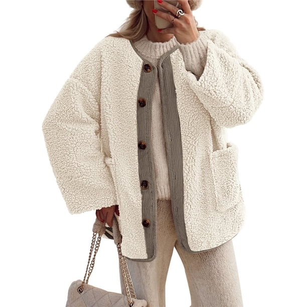 Abrigos de Invierno para Mujer, de Larga, con Botones, Chaquetas de Forro Suave, Ropa de Abrigo, Moda de Otoño Crema XXL