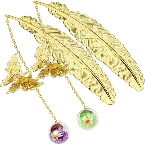 Marcapáginas de plumas de metal con colgante de mariposa 3D, regalo único de Acción de Gracias de Navidad para profesores amantes de los libros, paquete de 2