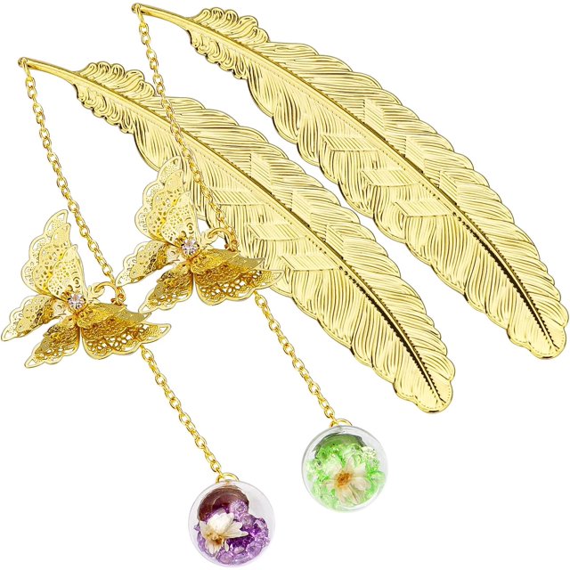 Marcapáginas de plumas de metal con colgante de mariposa 3D, regalo único de Acción de Gracias de Navidad para profesores amantes de los libros, paquete de 2