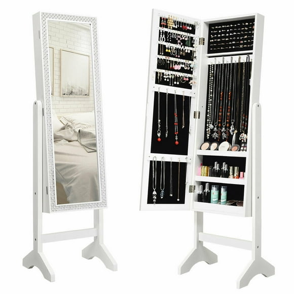 Gymax Full Length Mirror Jewelry Armoire with 18 LED Lights, White