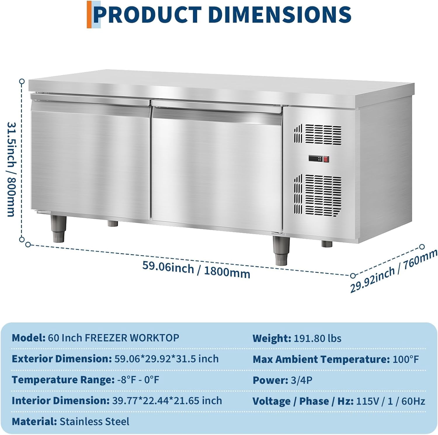 60" Undercounter Commercial Prep Table Freezer – 18 Cu. ft. Stainless Steel, 2-Door Frost-Free Freezer Station for Restaurants, Bars & Stores