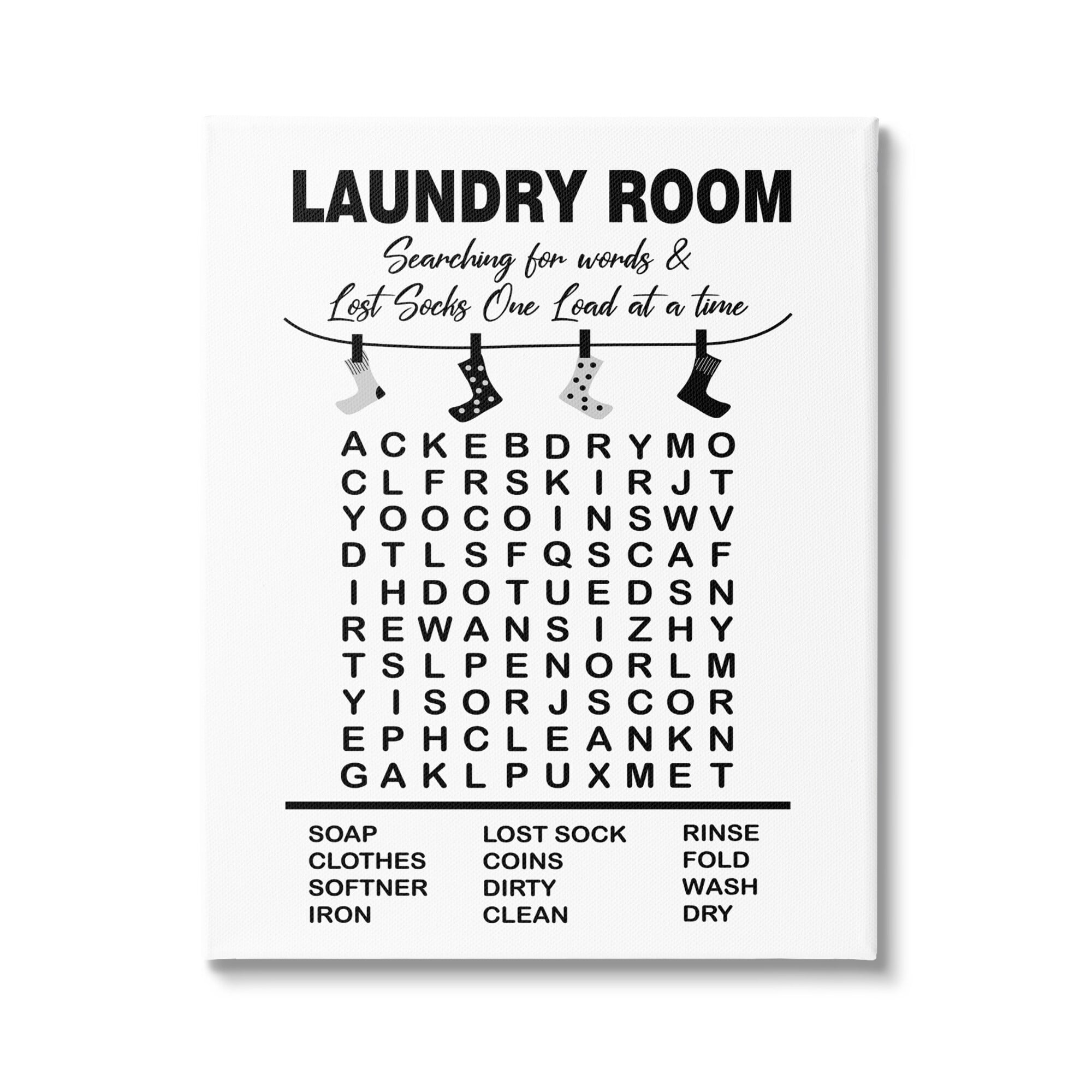 Stupell Industries Laundry Room Word Search Lost Socks Hanging Graphic Art Gallery Wrapped Canvas Print Wall Art, Design by Lettered and Lined