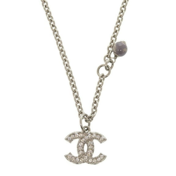 Pre-Owned Chanel Coco Mark Metal Rhinestone Faux Pearl Silver Necklace 0470 CHANEL (Good)