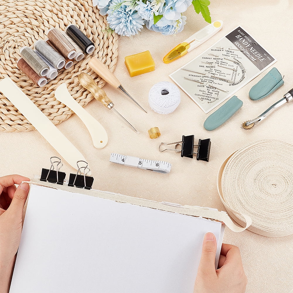 Book Binding Tool Kits Bookbinding Starter Tools Set with Needles Scissor Awl Tracing Wheel Tape Measure Thimble Cotton Threads Ribbon