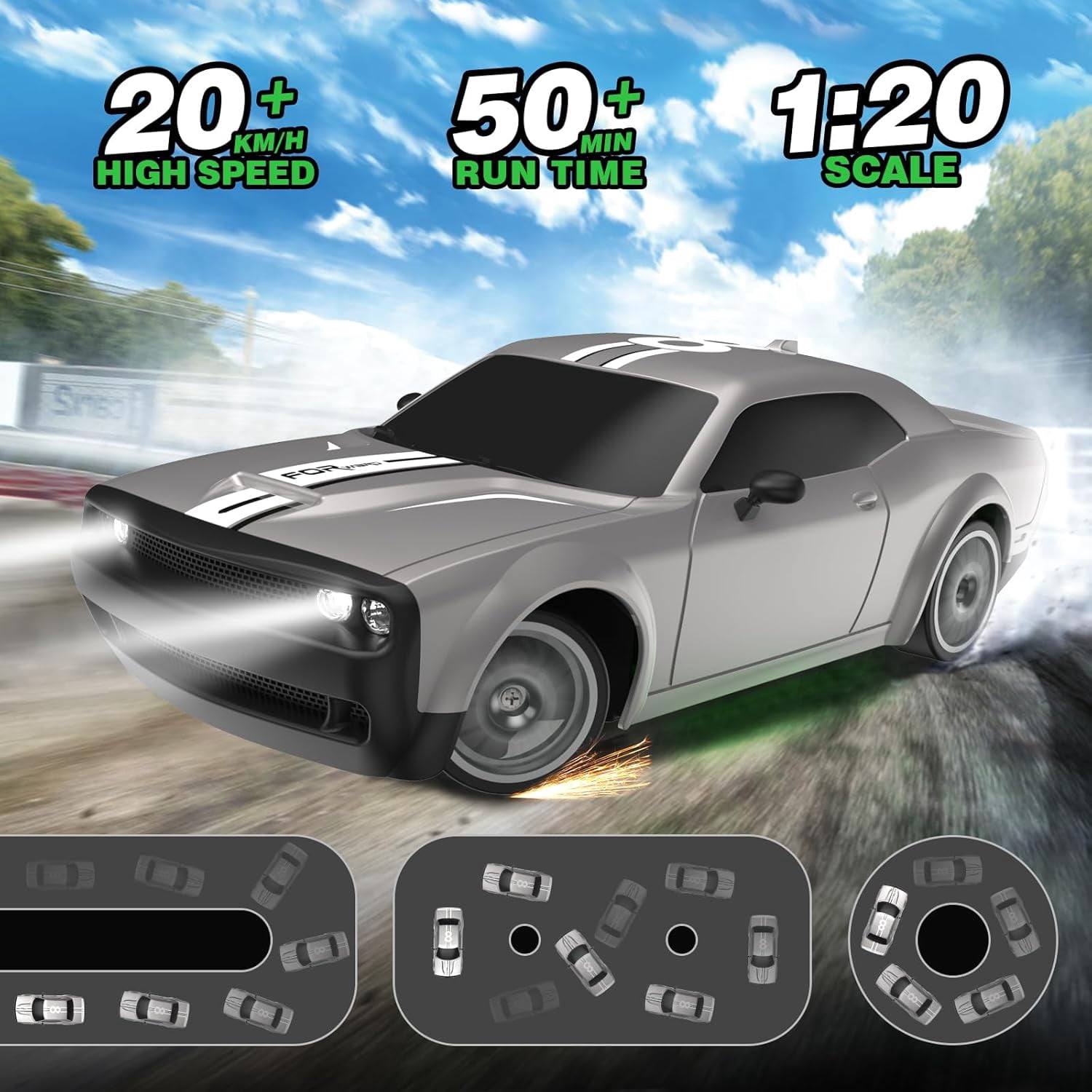 RC Drift Car 2.4GHz 1:20 Scale 4WD 20KM/H High Speed Drifting Tire, LED Lights, 2 Rechargeable Batteries