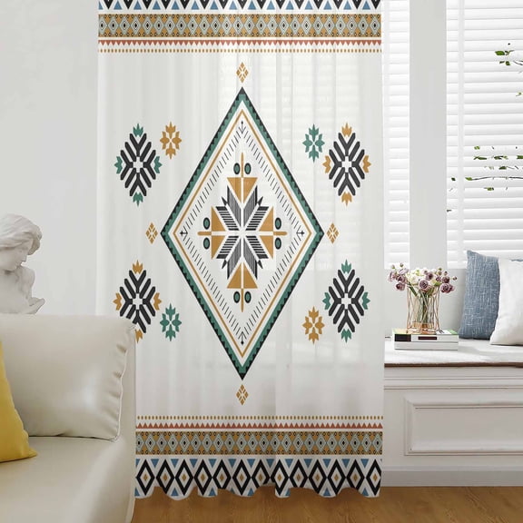 Beige Boho Sheer Curtains 63 Inches Long for Living Room/Bedroom, Vintage Ethnic Tribe Abstract Art Retro Rod Pocket Voile Kitchen Curtains & Drapes Window Treatment 1 Panel, 52"W x 63"L