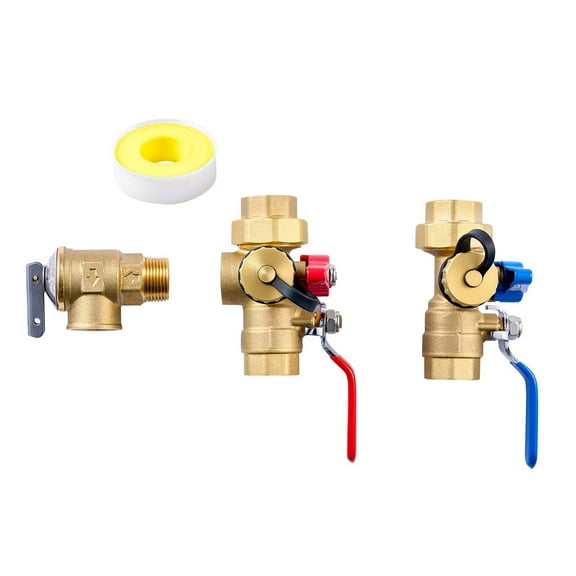 KFFKFF Water Heater Kit, 3/4 Inch Tankless Service Valve Kit with 2PCS 3/4″ NPT to 3/4″ NPT Isolation Valves, Pressure Relief Valve, Lead-Free Brass, Compatible with Most Tankless Water Heaters