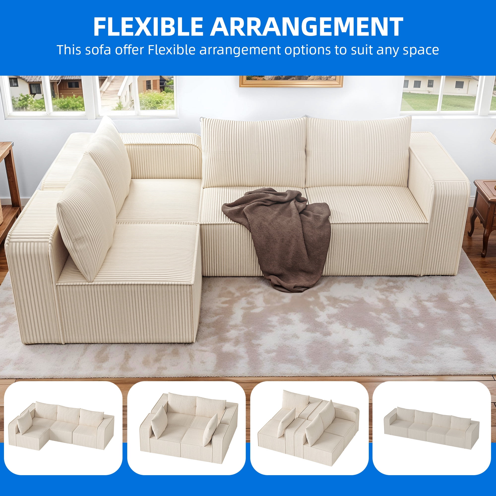 Uforic Cloud Sectional Sofa Couch with L-Shape Chaise, Deep Seat, 4 Pillows, Corduroy Upholstery for Indoor, White