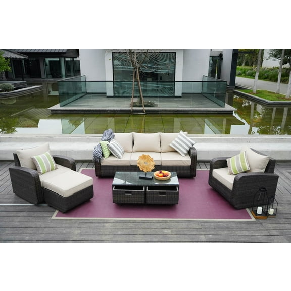Outdoor Wicker Furniture Set 5-Piece Patio Garden Sectional Sofa Set with Cushions and Storage - Brown