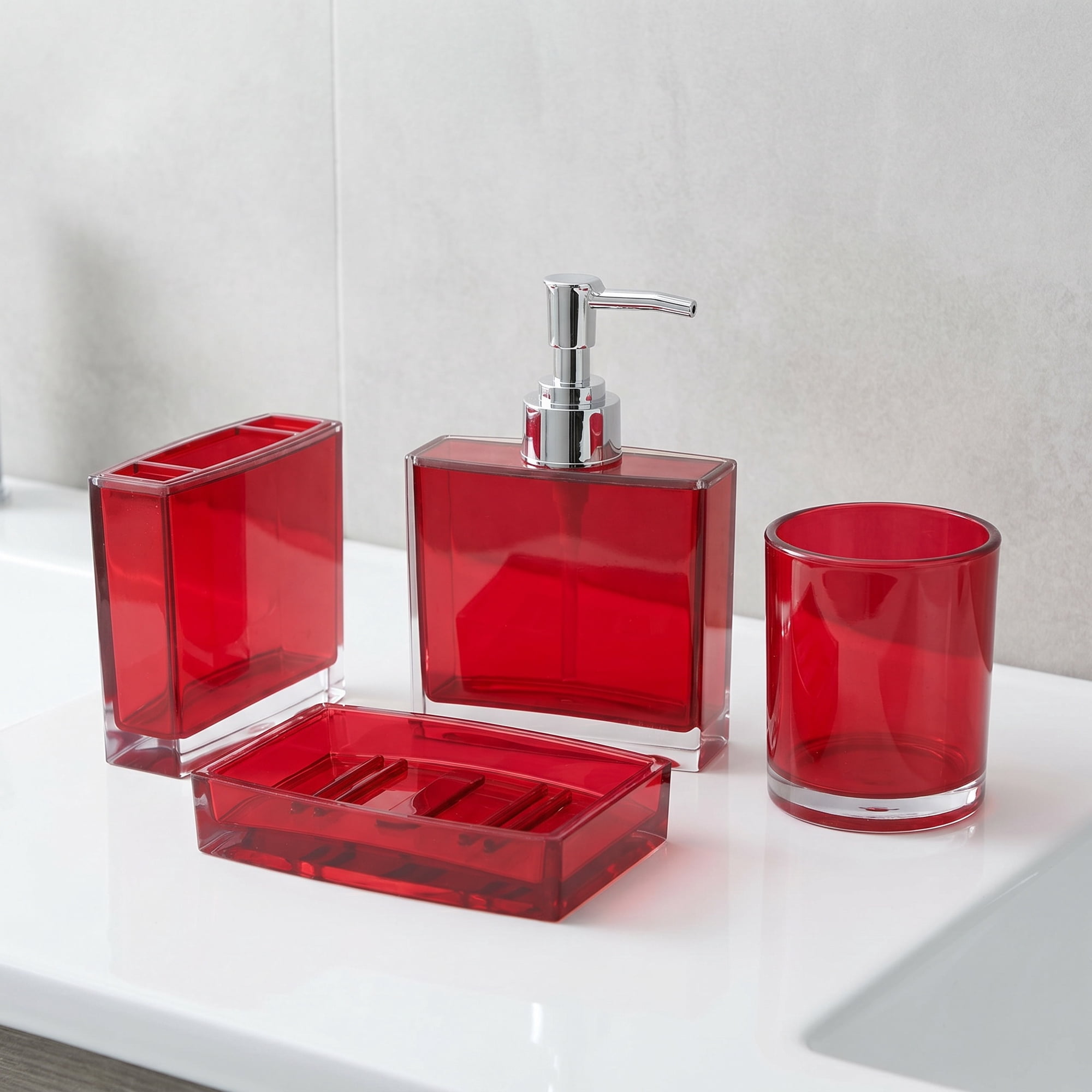 OFFIGAM 4Pcs Red Bathroom Vanity Set Acrylic Soap Dispenser and Toothbrush Holder for Countertop