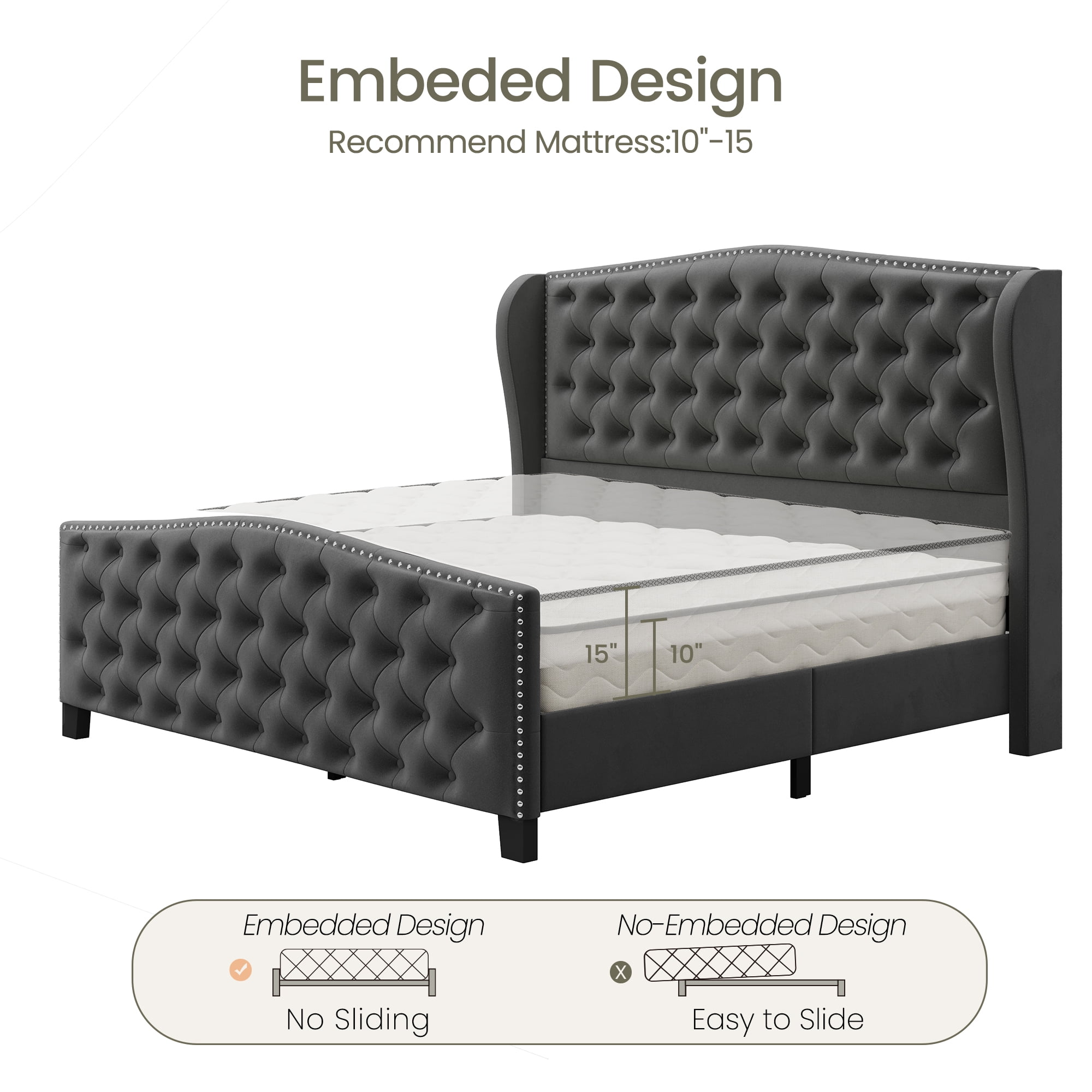 Breltam Queen Size Bed Frame Velvet Upholstered Platform Bed with Wingback Headboard, Dark Grey