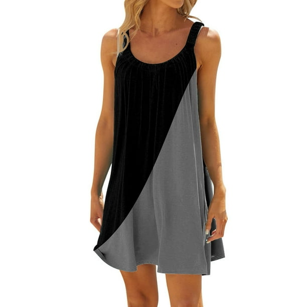 Vestido informal de playa sin mangas con tirantes y pliegues en bloques de color para mujer - Mezcla de poliéster elástico, tallas S-XXL