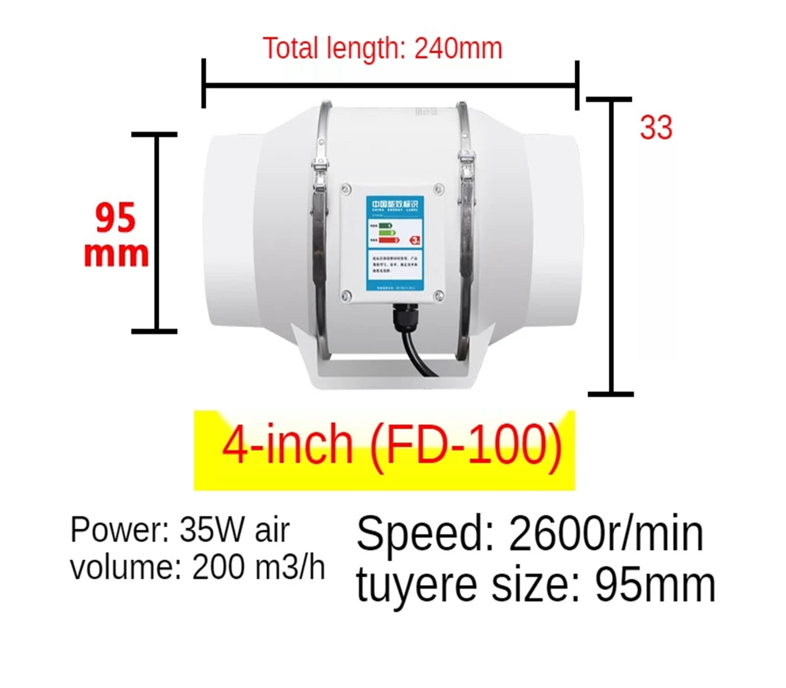4inch Exhaust Fans Home Silent Inline Pipe Duct Fan Bathroom Extractor Ventilation Kitchen Toilet Wall Air Clean Ventilator ,Energy-Efficient