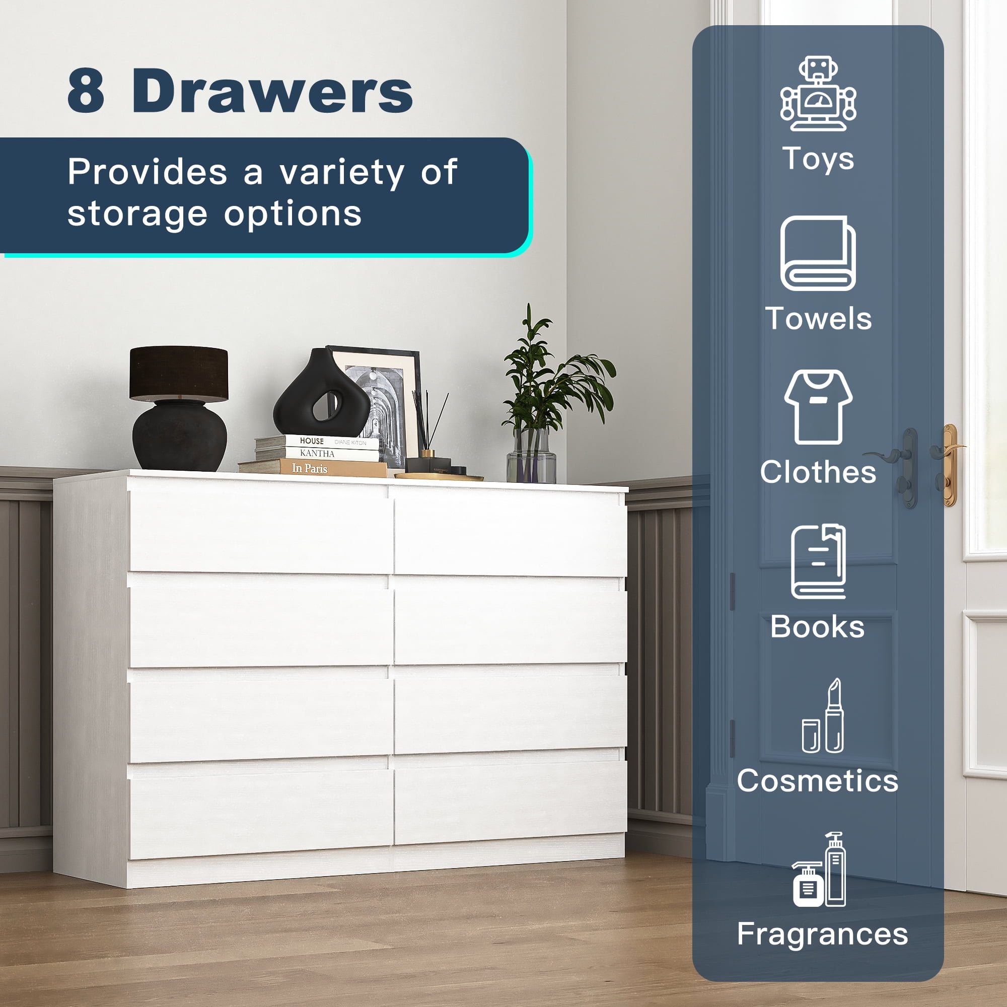 Finihen 8 Drawer Double Dresser, Modern 8 Chest of Drawers with Deep Drawers, Wide Storage Organizer Cabinet for Living Room, Kids, White Finihen 8 Drawer Double Dresser, Modern 8 Chest of Drawers with Deep Drawers, Wide Storage Organizer Cabinet for Living Room, Kids, White