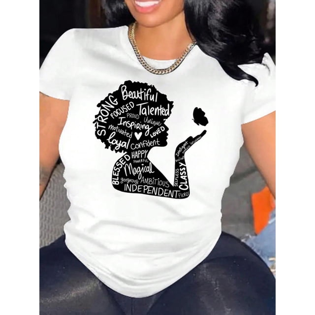 Woman & Letter Print T-Shirt, Casual Crew Neck Short Sleeve T-Shirt For Spring & Summer, Women's Clothing Tee For Adult, Men, Women, Teen, Teenager, Adolescent, Youth