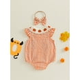 thumbnail image 5 of Baby Girl 2Pcs Halloween Outfits Pumpkin Fly Sleeve Button Up Bubble Romper Peter Pan Collar Plaid Bodysuit with Headband Set 0-18M, 5 of 8