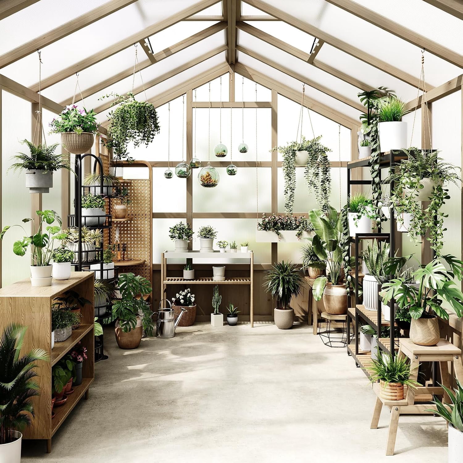 Large Outdoor Greenhouse, Heavy Duty Wooden Hothouse with Polycarbonate Panels & Lockable Door - Sturdy Wood Frame Garden Conservatory with Adjustable Roof Vent, for Yard, Gardening