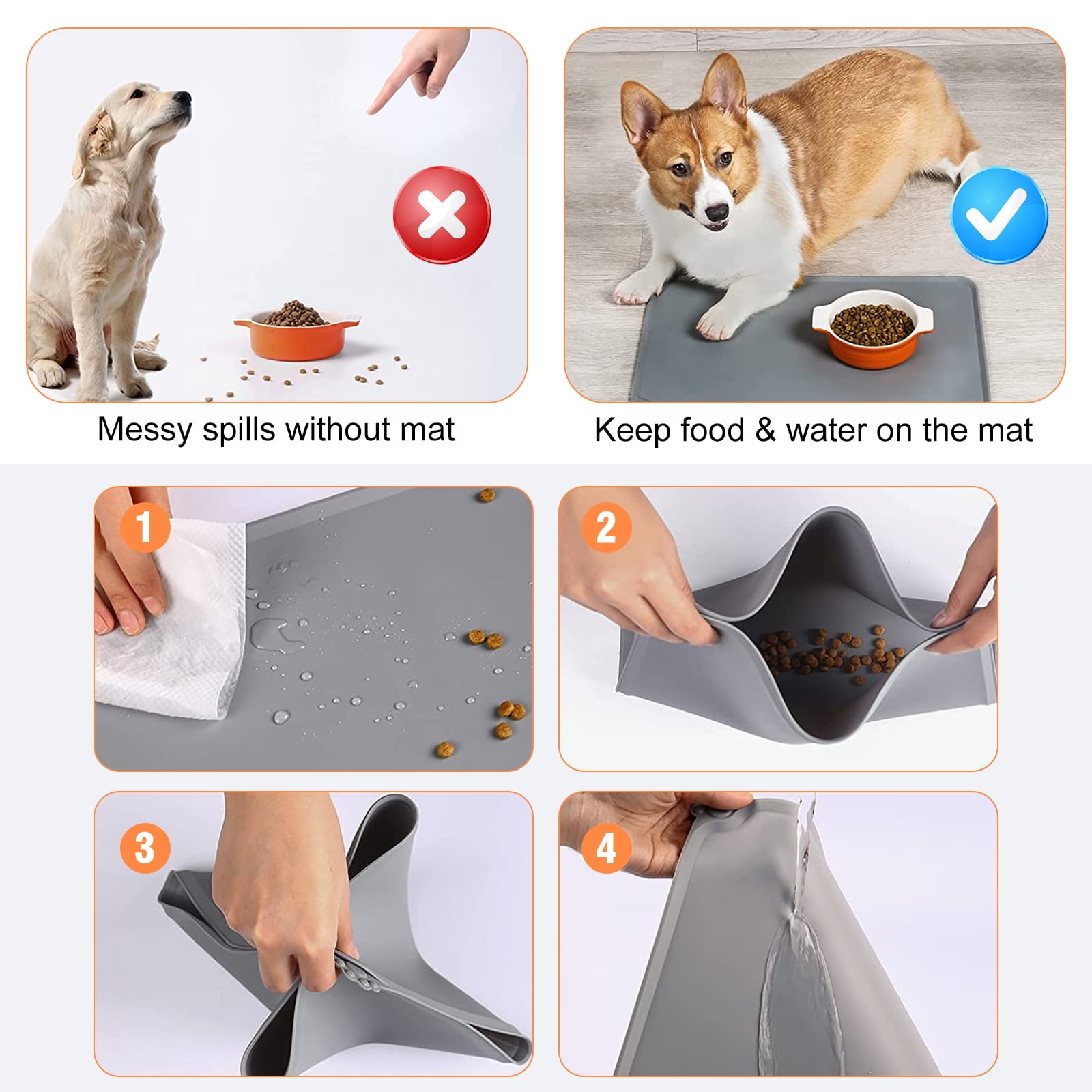 Dog Bowl Mat, NWFHTD Dog Mat for Food and Water Pet Cat Large Small  Silicone Rubber Plastic Waterproof Feeding Eating Dish Placemat Trays with  Edges