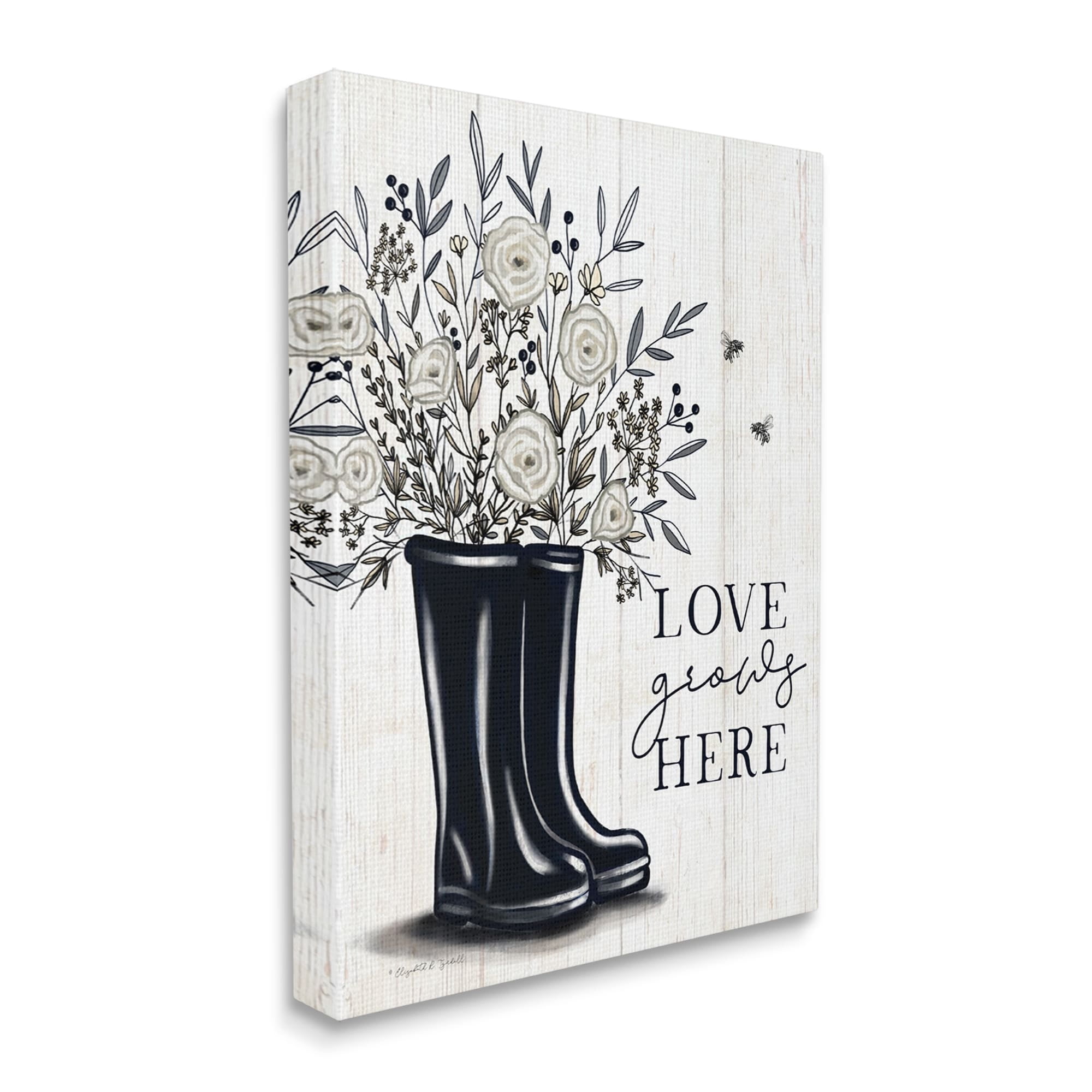 Stupell Industries Love Grows Here White Roses Black Rainboots Sign,30 x 40, Design by Elizabeth Tyndall