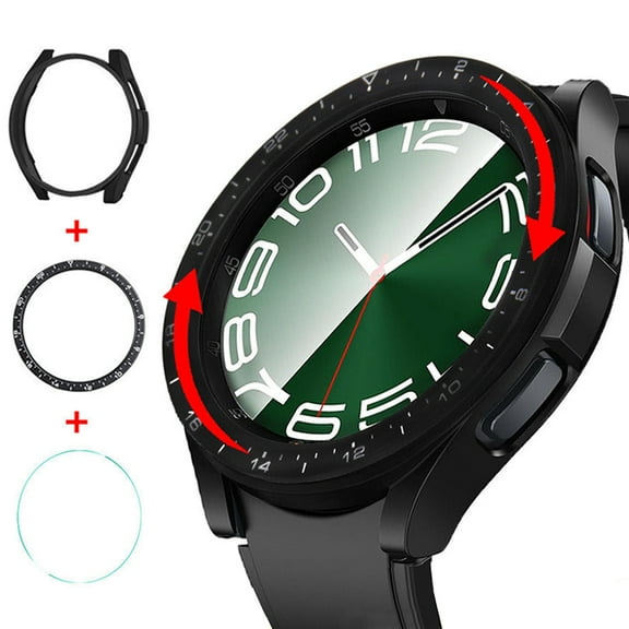 HOMEYA for Samsung Galaxy Watch 6 Classic Case [47mm], Hard PC Bumper Cover   Bezel Ring Cover   Tempered Glass Screen Protector Set, Black