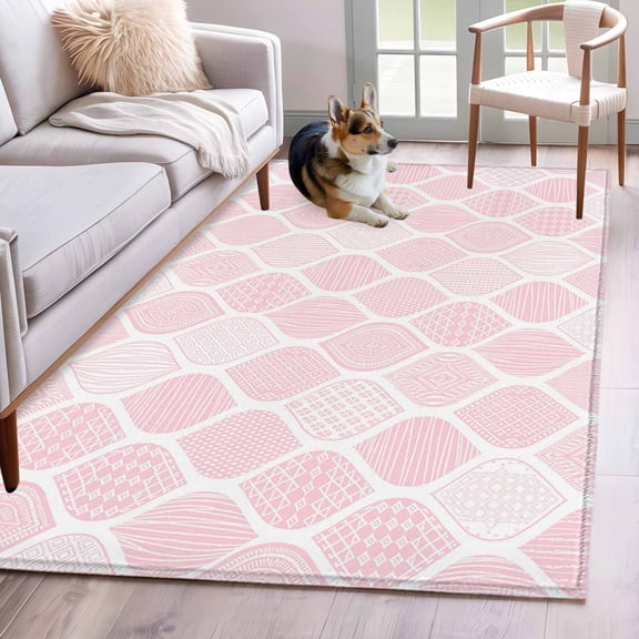 3'x5' Rug for Living Room Bedroom, Pink Geometric Washable Area Rugs Non-Slip Carpet Mats, Morocco Modern Simple Abstract Aesthetic Indoor Low Pile Area Rug Runner for Kitchen, Mudroom