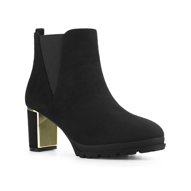 Unique Bargains Bottes à Talons Épais à Plateforme à Bout Rond Effet Miroir pour Femmes Noir (Taille 9,5)