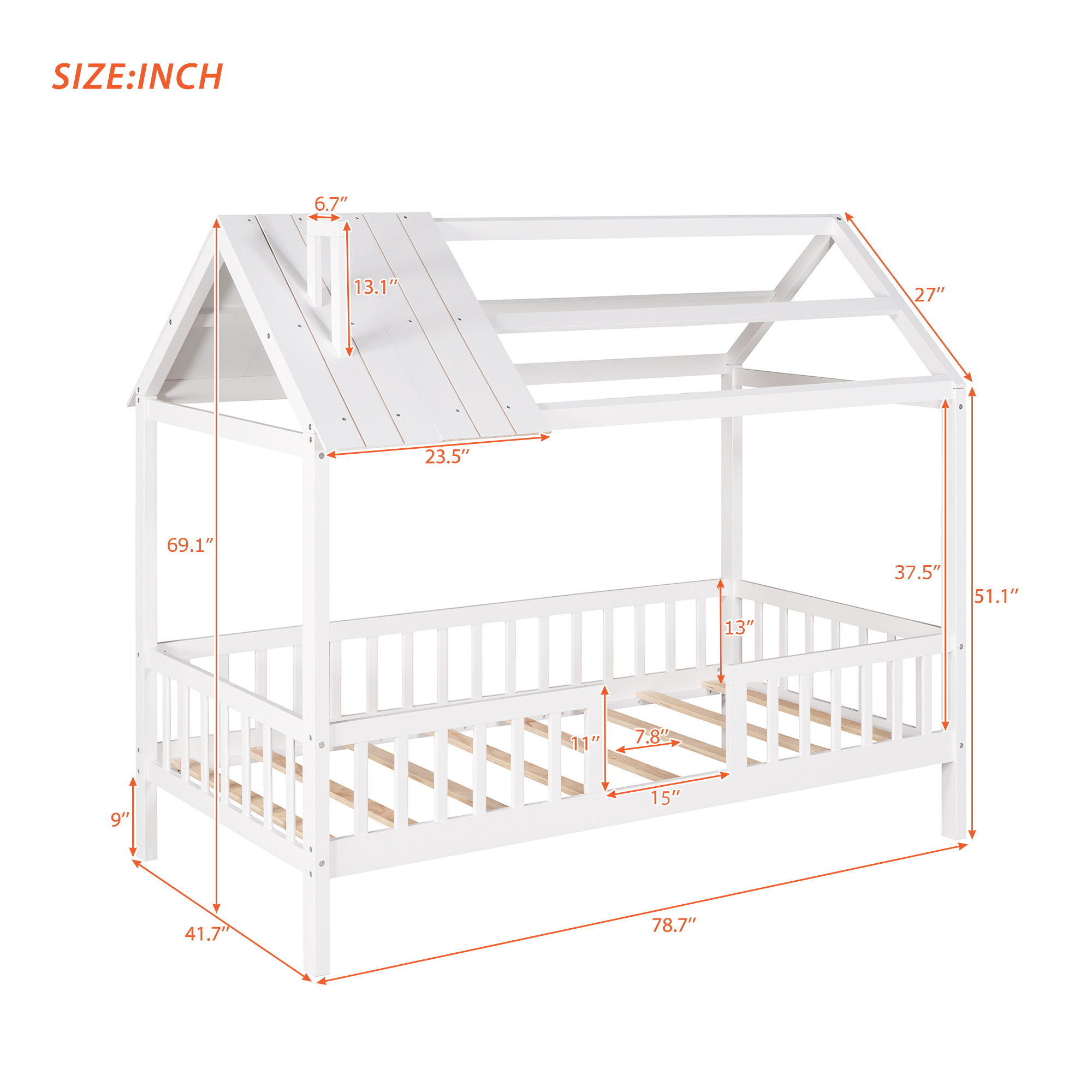 Euroco Twin Size Platform Bed, House Bed with Fence for Kids, White