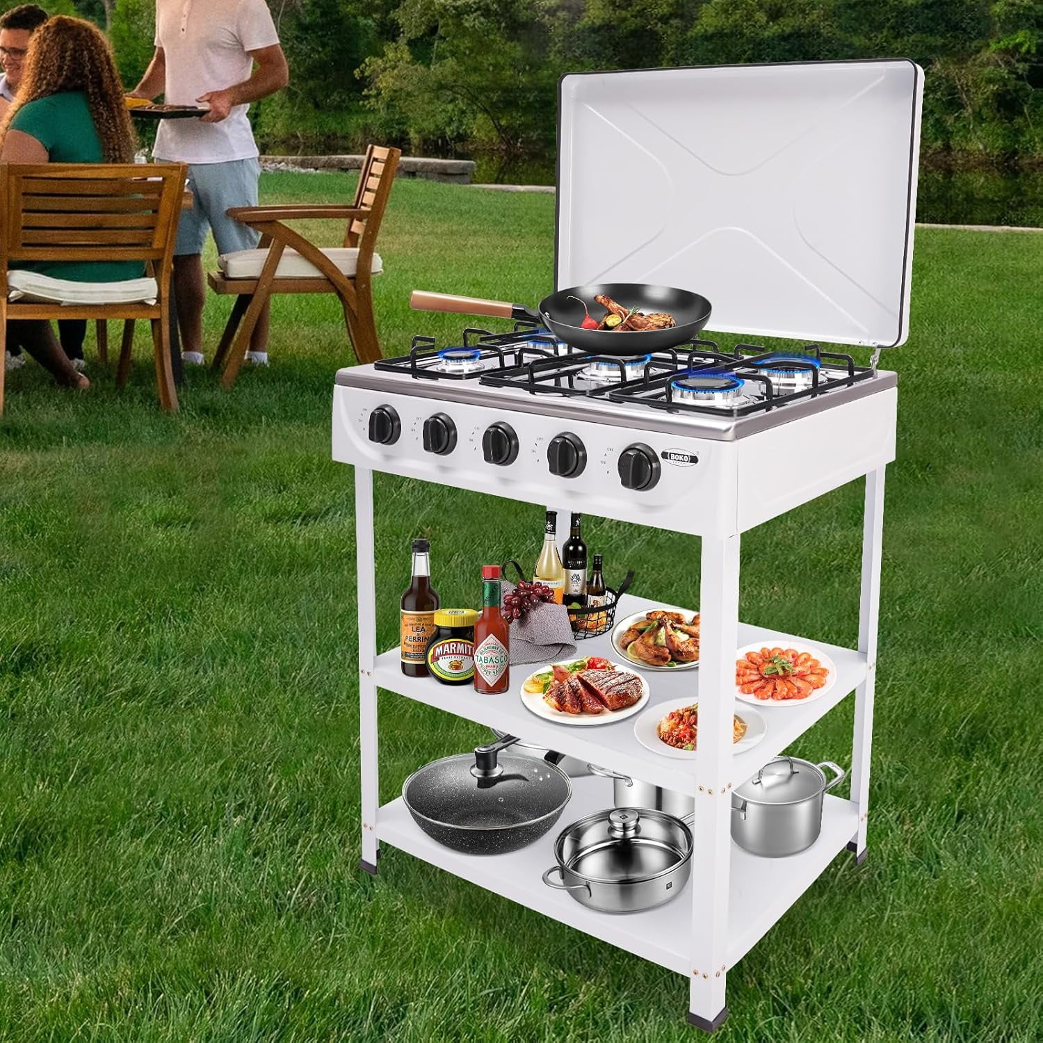 Portable Gas Stove, 5 Burners with Support Leg Stand and Wind Blocking Cover, Manual Ignition Camping Stove for RV, Backyard, Apartment Outdoor Cooking (White)