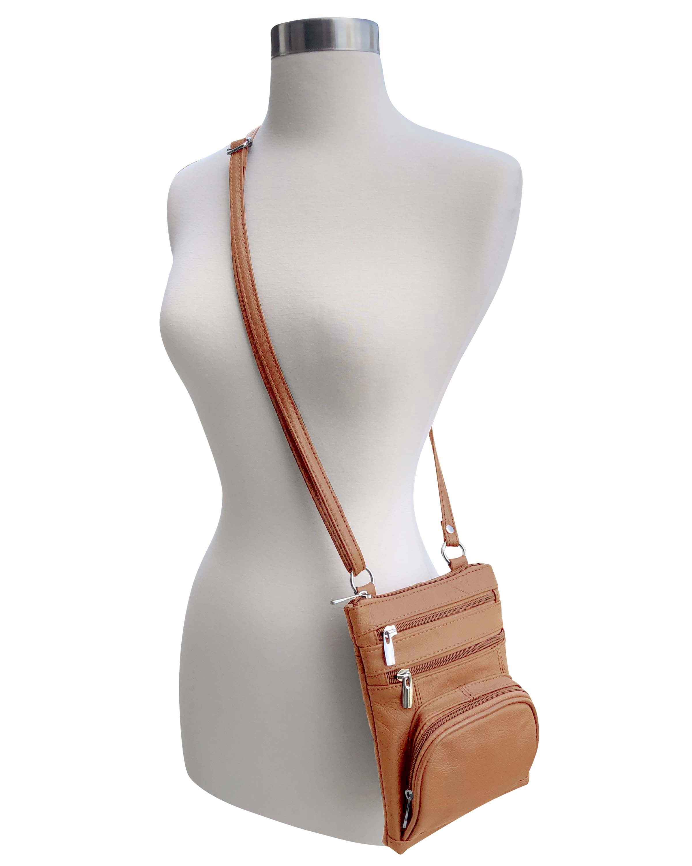 Roma Leathers Genuine Leather Multi-Pocket Crossbody Purse Bag (Light Brown)