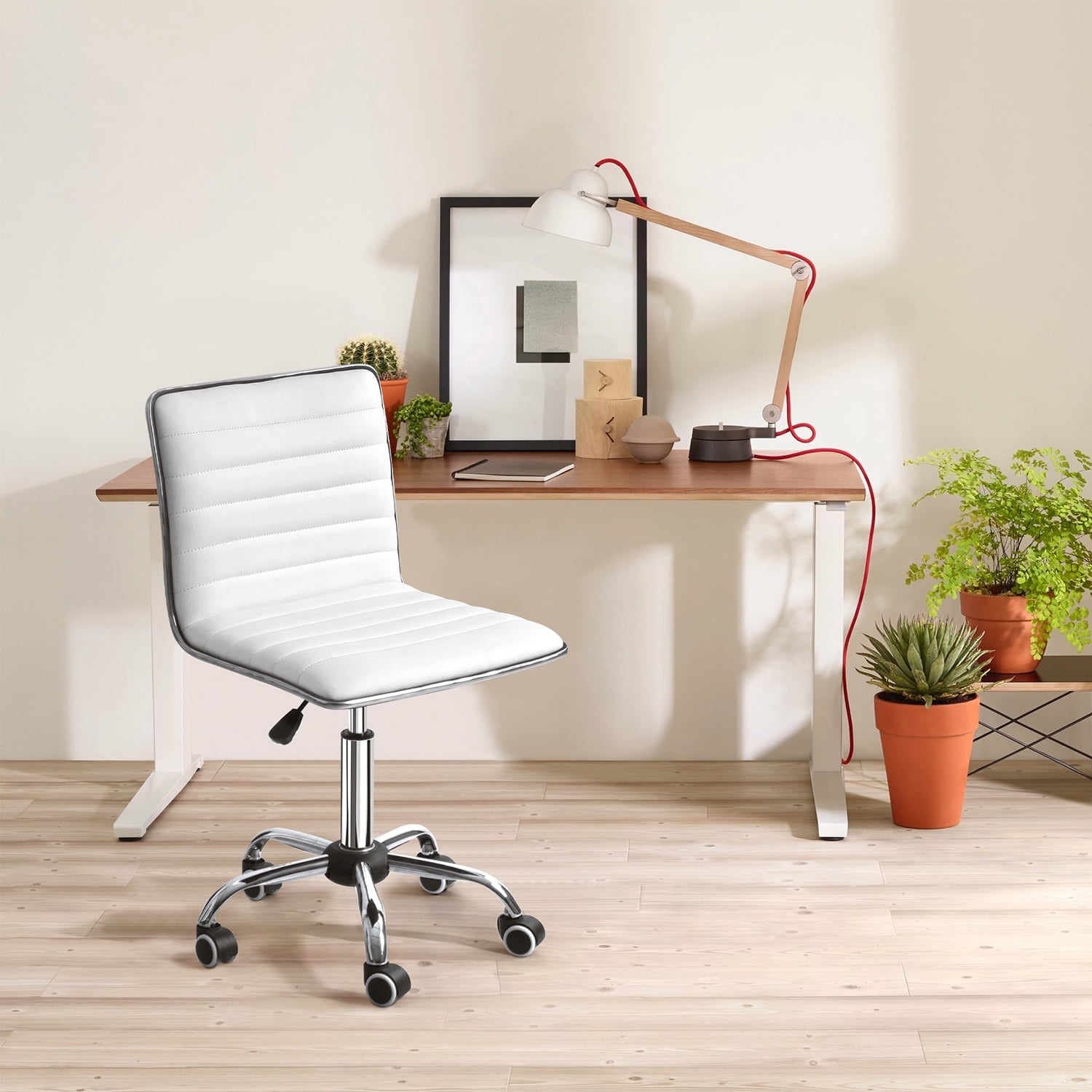 Furmax Leather Swivel Office Chair - Mid Back Vanity Chair for Makeup Desk, Armless Ribbed Task Chair with Ergonomic Support (White)