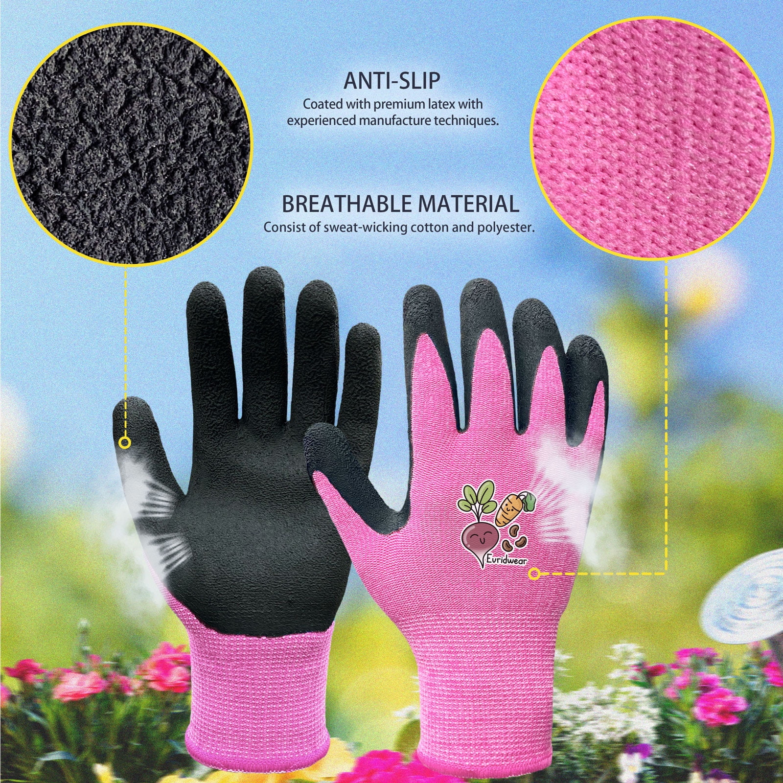 EvridWear Children Kids Gardening Latex Painting Work Gloves, M (7-9yr), Pink