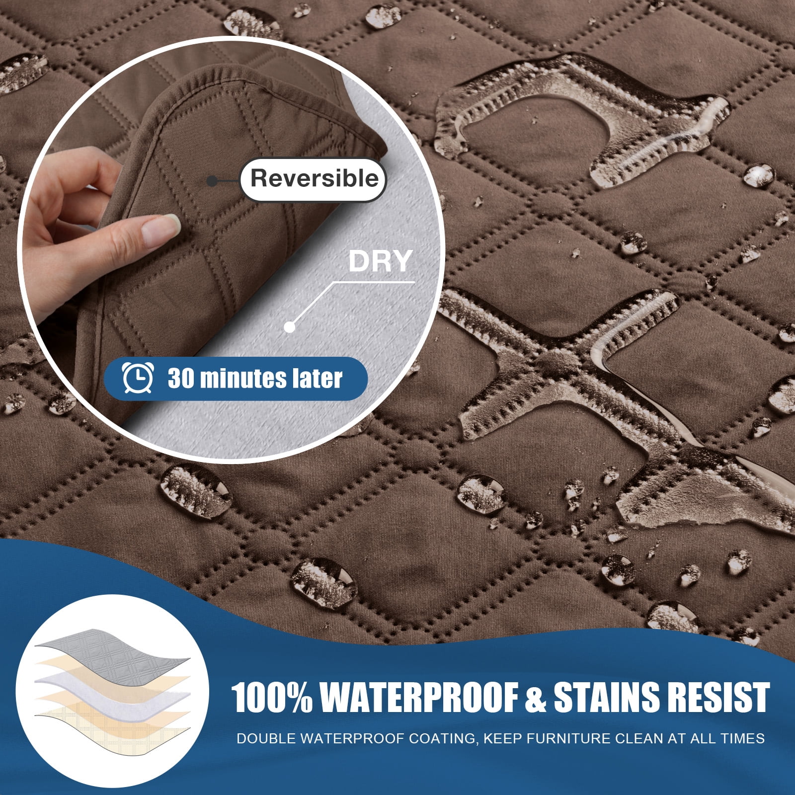 Timeles Waterproof Recliner Sofa Covers, Recliner Couch Covers with Leg Straps, Reversible Recliner Covers for 3 Seat Reclining Chair, Washable Sofa Protector for Pets Kids (Brown)