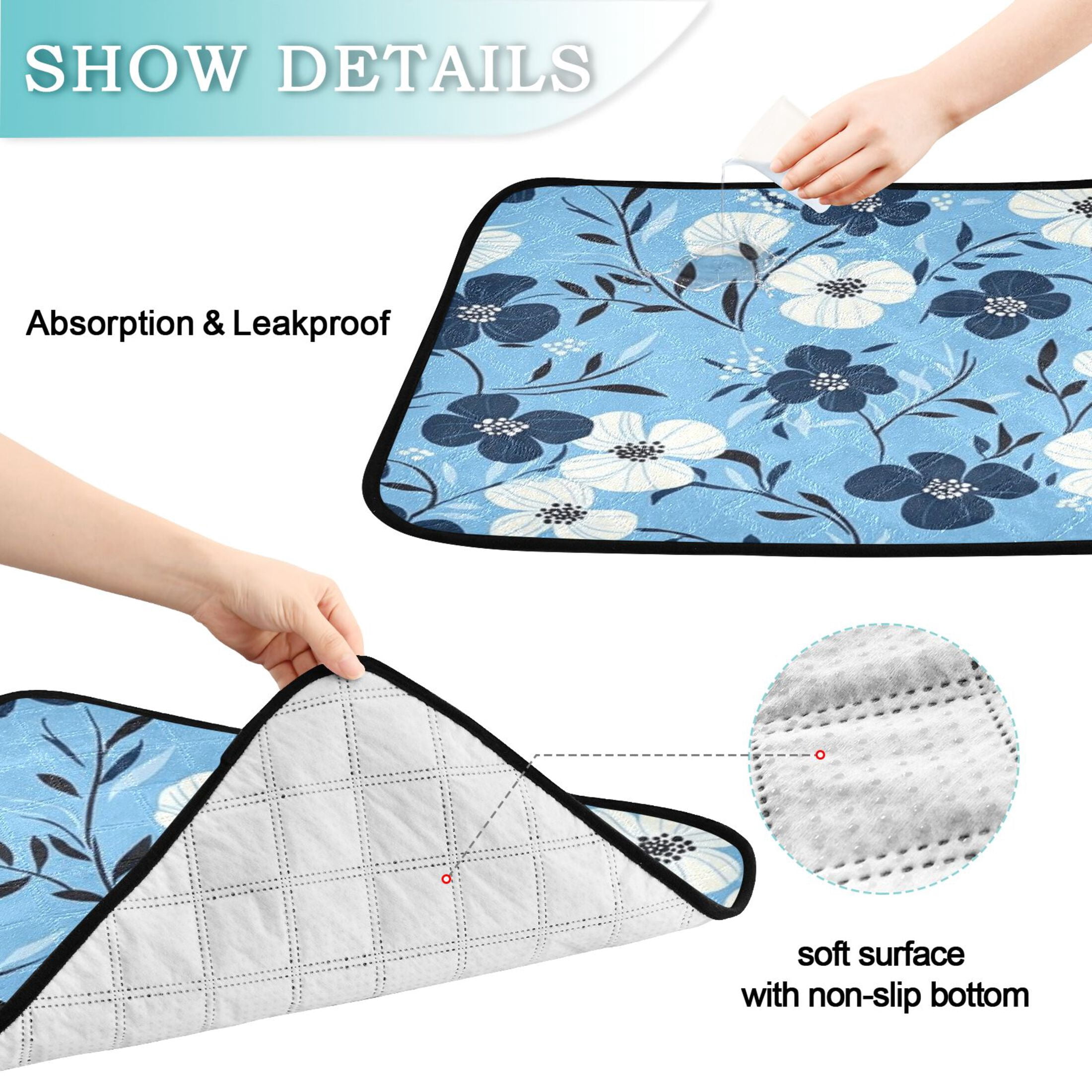 Washable Pet Pee Pads with Super Absorbent Reusable Training Pads for Dogs & Cats White and Navy Blue Flowers
