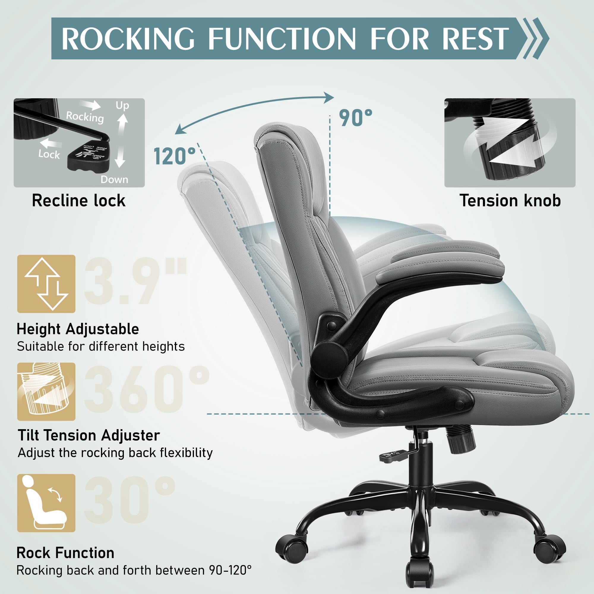 Brick Attic Leather Office Chair, Home Computer Desk Chairs with Ergonomic Back Support, 360°Swivel Free, Small Gaming Chair with Wheels and Adjustable Armrests, Gray