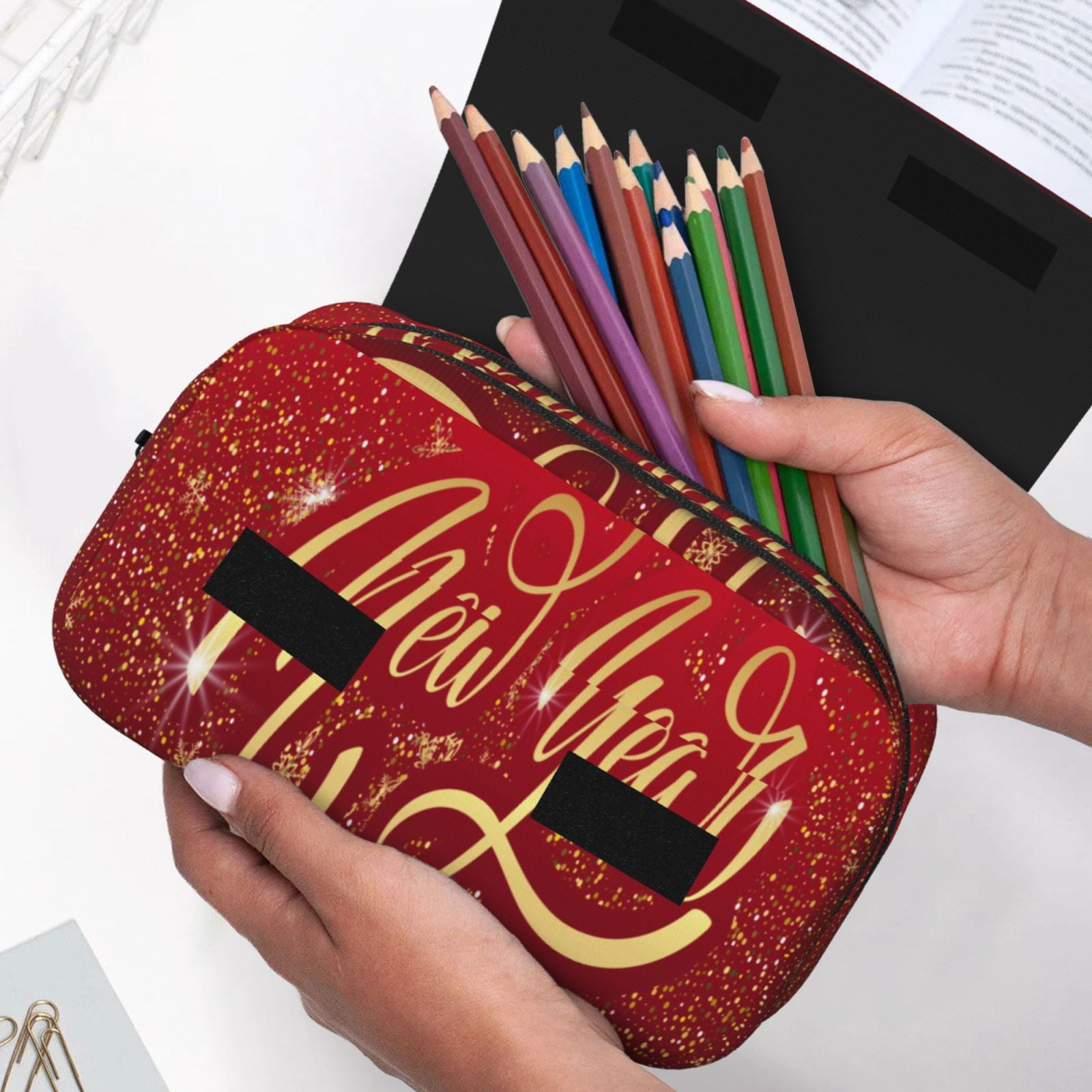 Rateoe Happy New Year Pattern Double Clamshell Pen Case, Storage Organizer with Two Zipper Compartments– Holds Up to 50 Pencils & Pens