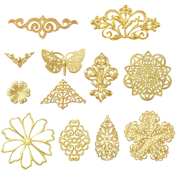 120Pcs 12 Styles Gold Filigree Charms Metal Filigree Embellishments Bulk Flower Hollow Butterfly Corner Protectors Scrapbook