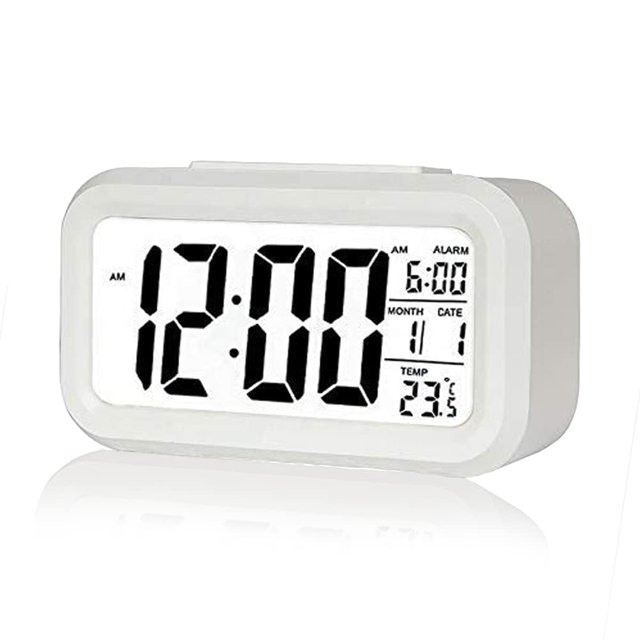 Reloj despertador digital, reloj de escritorio pequeño a pilas, con fecha, temperatura interior, luz nocturna inteligente, reloj LCD para dormitorio, hogar, oficina (blanco)