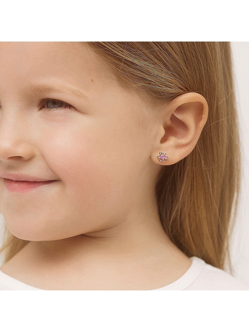 925 Sterling Silver 7mm Pink Cubic Zirconia Flower Screw Back Girls Earrings
