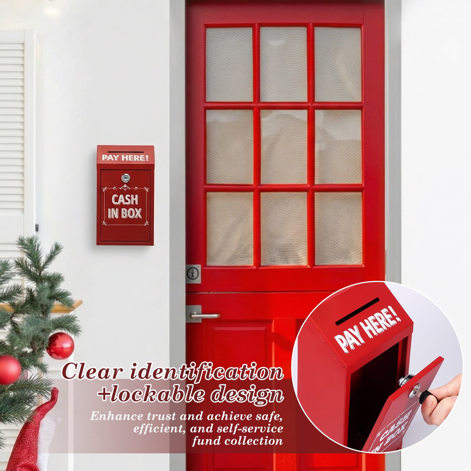 Metal Donation Box with Lock Slot Safe Suggestion Charity Collection Donation Money Lock Box Cash Drop Money Case Suggestion Box,Red,10.24 x 5.71 x 2.95''