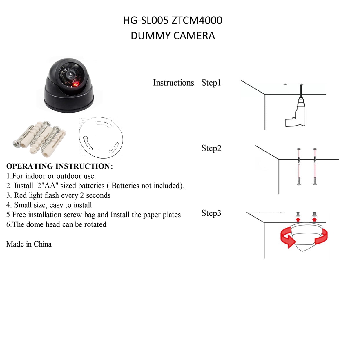 Dummy Camera Fake Security CCTV Dome Camera with Flashing Red LED Light