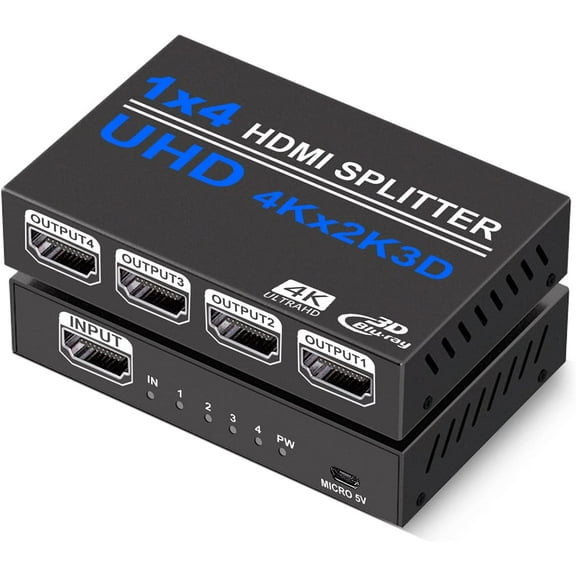 1x4 HDMI Splitter,AUBEAMTO 1 in 4 Out HDMI Splitter Audio Video Distributor Box Support 3D & 4K x 2K Compatible for HDTV, STB, DVD, PS3, Projector Etc