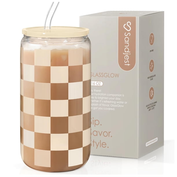 Vaso para Beber SANDJEST 470 ml con Tapa de Vidrio, Popote y Diseño Beige a Cuadros