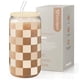 thumbnail image 1 of Vaso para Beber SANDJEST 470 ml con Tapa de Vidrio, Popote y Diseño Beige a Cuadros, 1 of 7