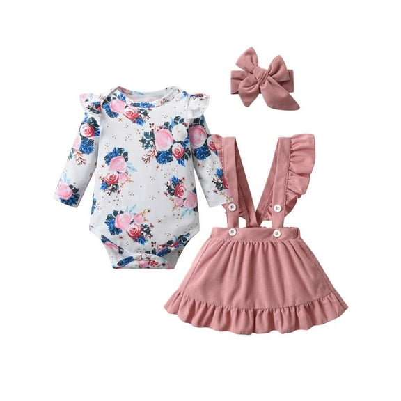 Infant Baby Girl Clothes Print Ruffle Romper   Strap Skirt   Headband Pink 0-3 Months
